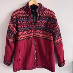 Icelandic Design Red Fair Isle Wool Button Front Cardigan Sweater Size Medium
